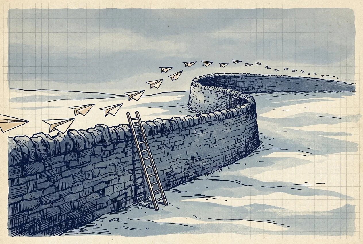 Illustration of a long stone wall across a plain with a narrow ladder and paper airplanes flying over the top from one side.