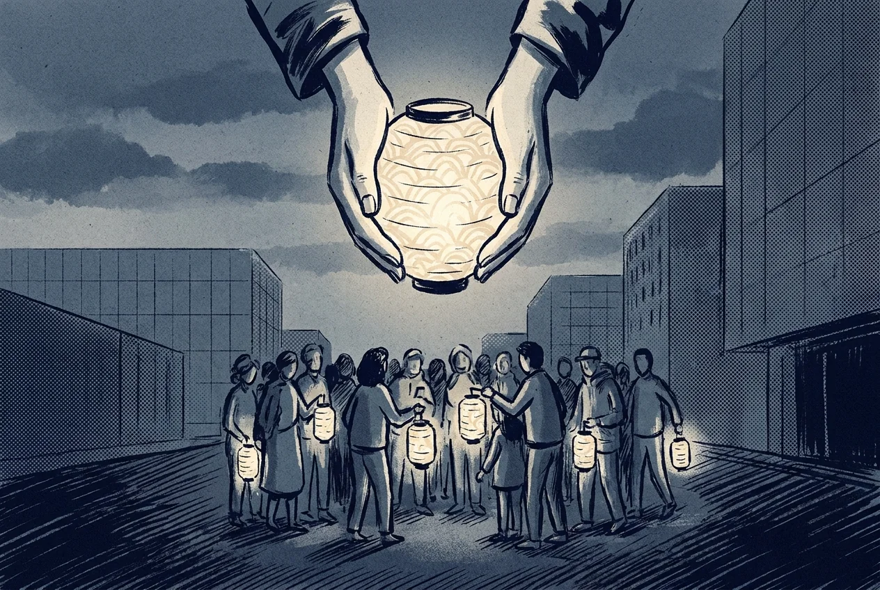 Illustration of hands holding a lit paper lantern above a small gathering of people carrying their own lanterns at dusk.