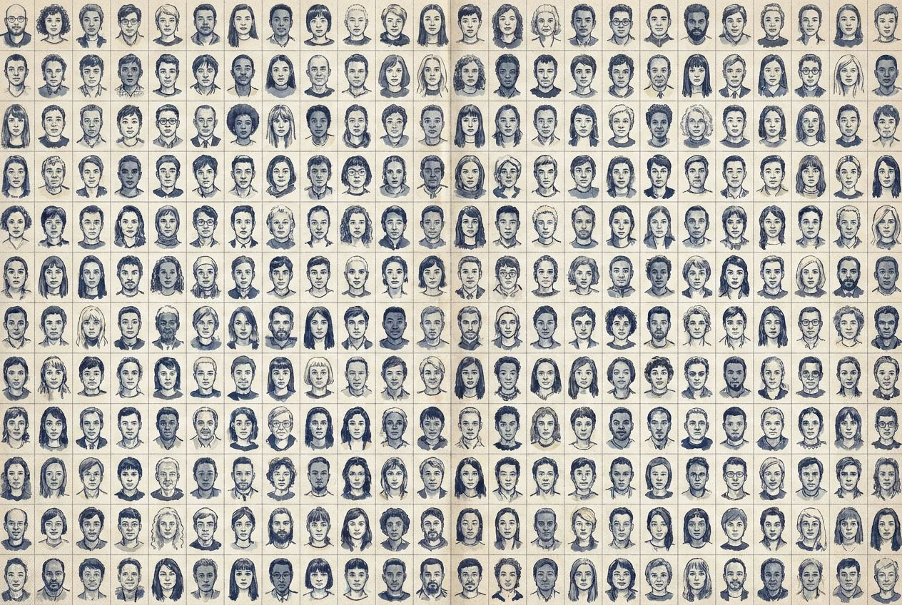 Illustration of a grid of small hand-drawn portraits filling a page, each different and softly detailed.