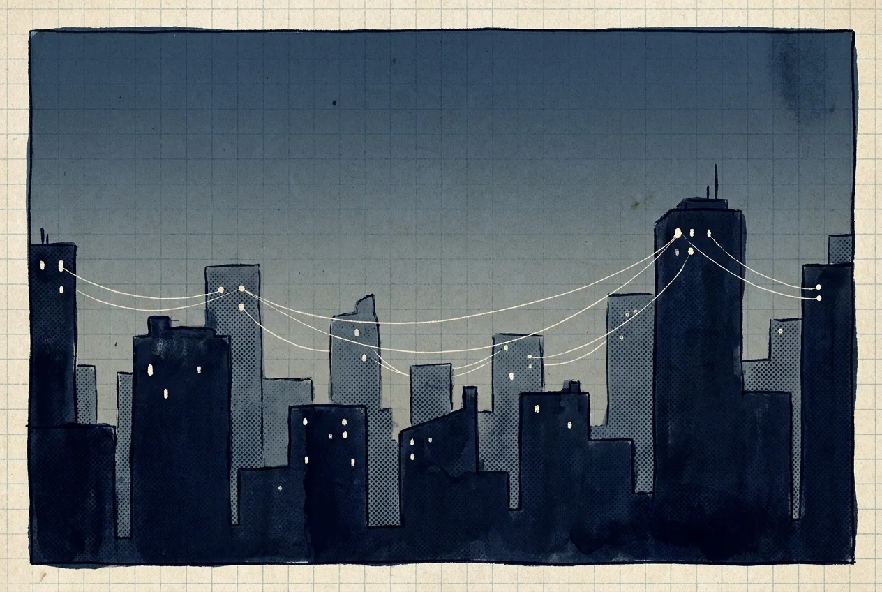 Illustration of a mostly dark city skyline at dusk, with a few small hand-held lights in upper windows connected by thin faint lines.