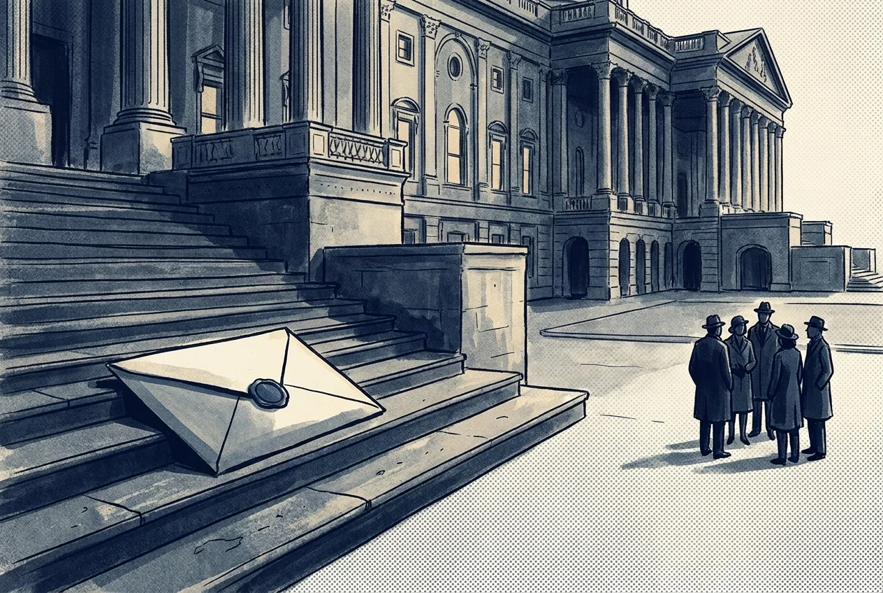 Illustration of a single sealed envelope on the marble steps of a government building with a small group standing at a distance.