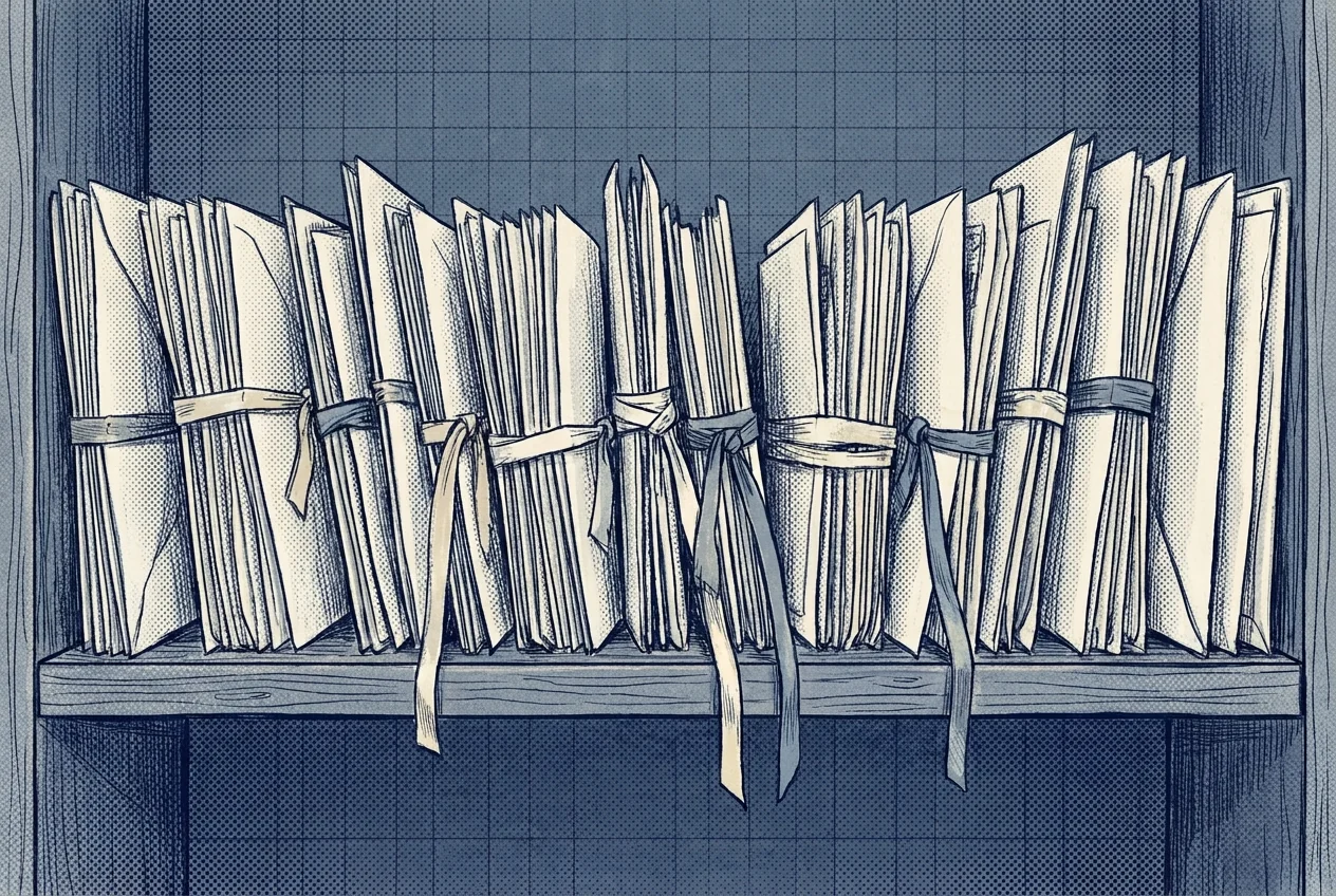 Illustration of a shelf of folded paper letters standing on end like books with small ribbon markers.
