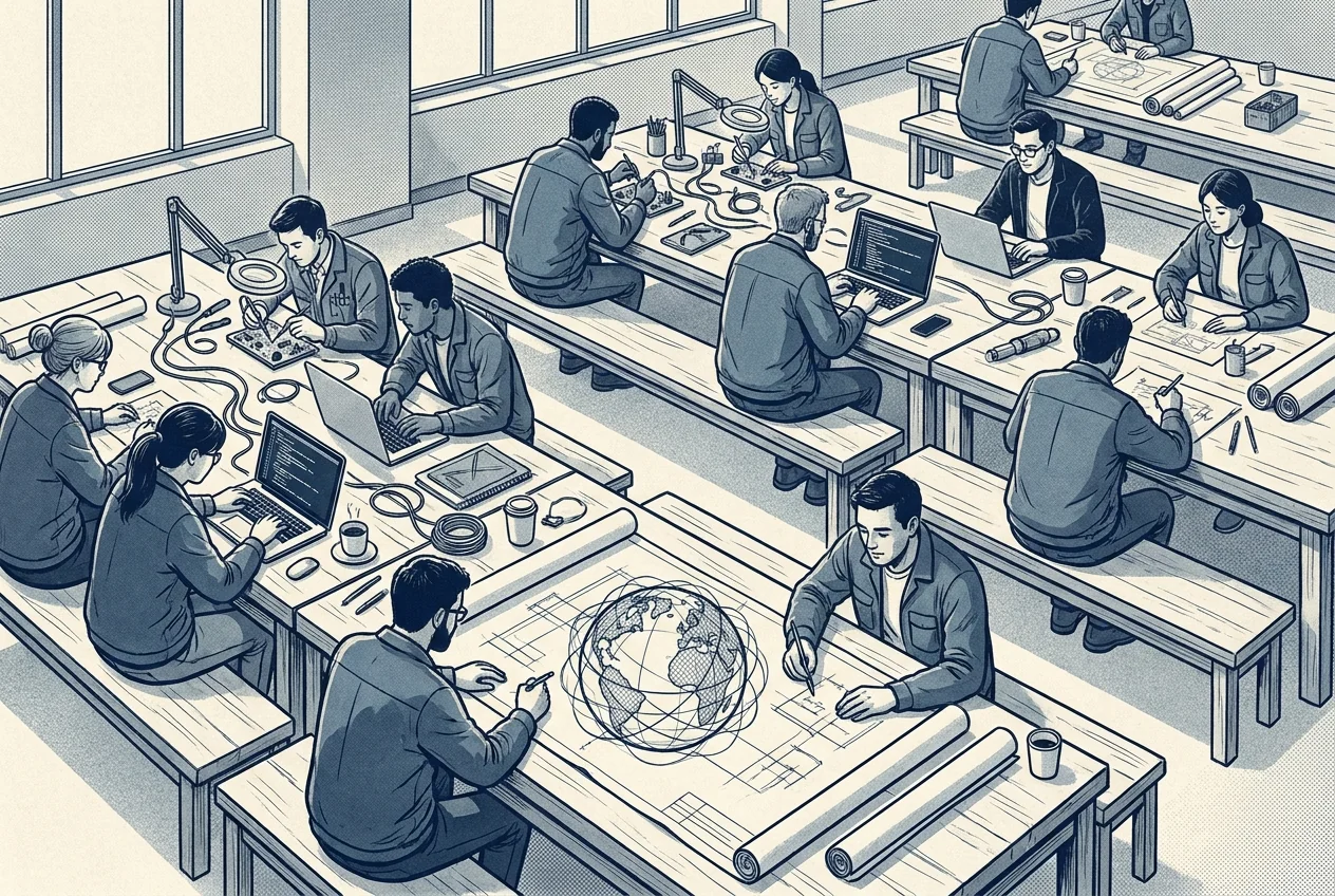 Illustration of an open workshop where small teams work together on parts of a shared blueprint of a globe wrapped in wires.