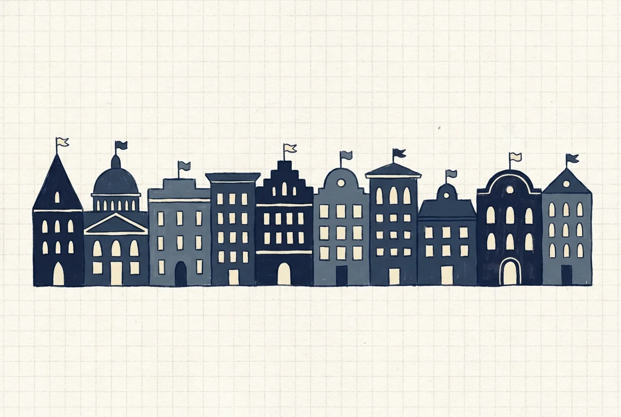 Illustration of a row of building silhouettes with differently shaped roofs and small flags, in a group-portrait arrangement.