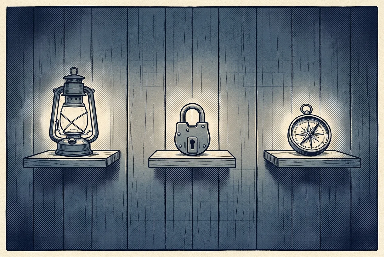 Illustration of an exhibition wall showing small labeled models of tools โ a lantern, a lock, and a compass โ each on its own shelf.