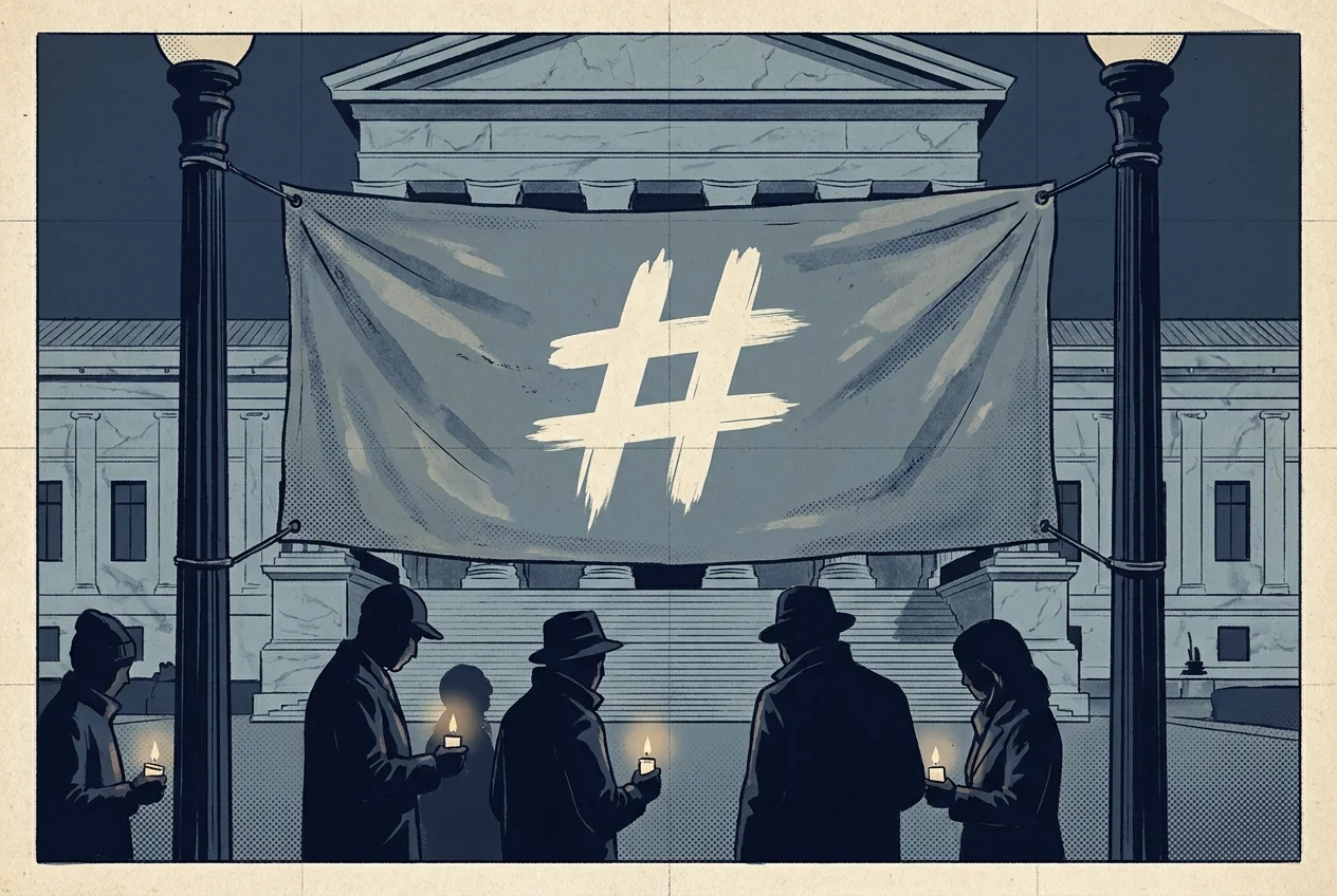 Illustration of a weathered banner with only a hashtag symbol hanging in front of a marble government building at dusk.
