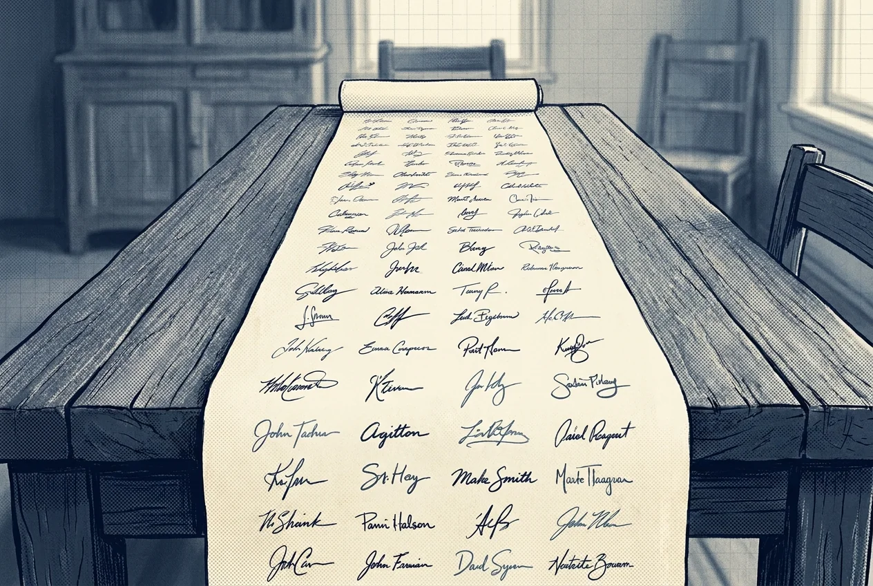 Illustration of an unrolled scroll on a wooden table with dozens of small ink signatures in different hands.