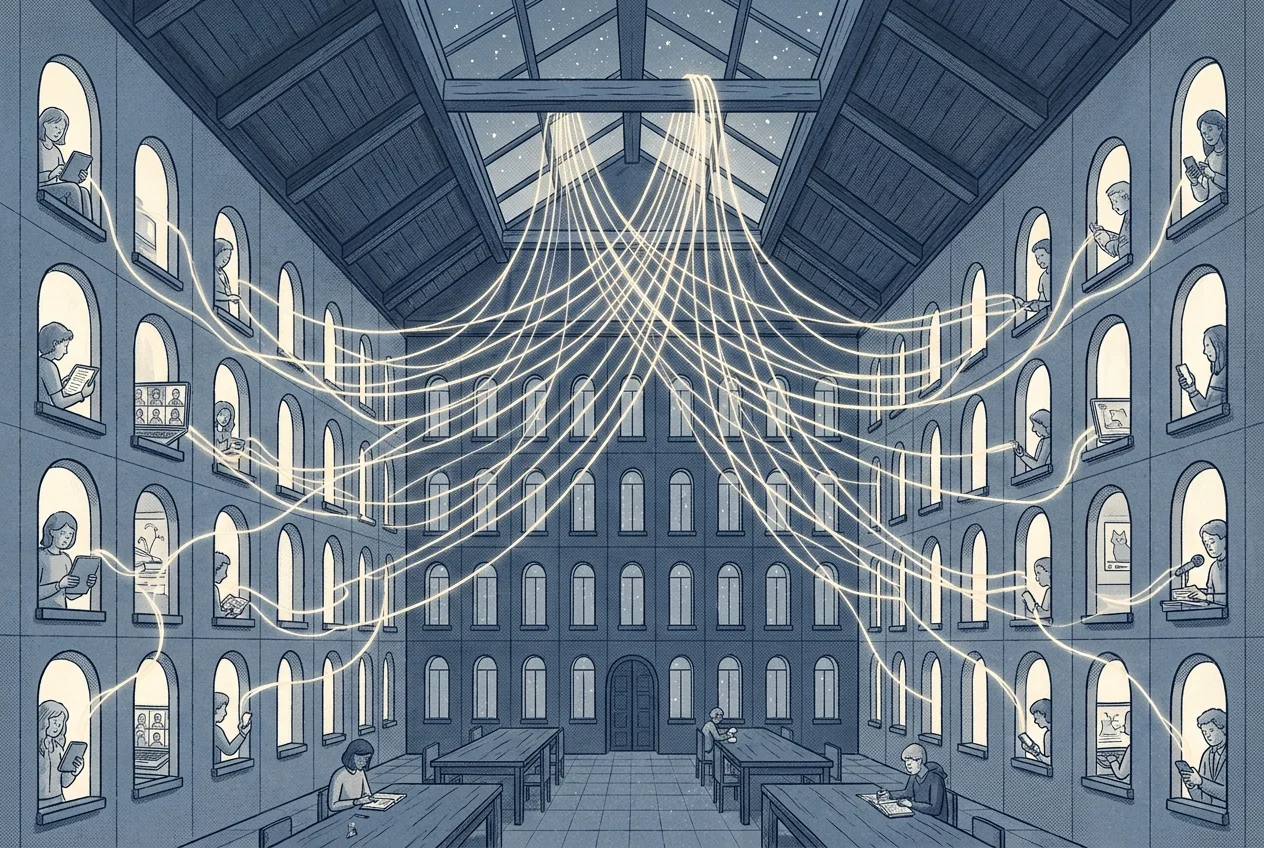 Illustration of a quiet library whose narrow windows each open onto scenes of everyday internet life, connected by glowing threads.