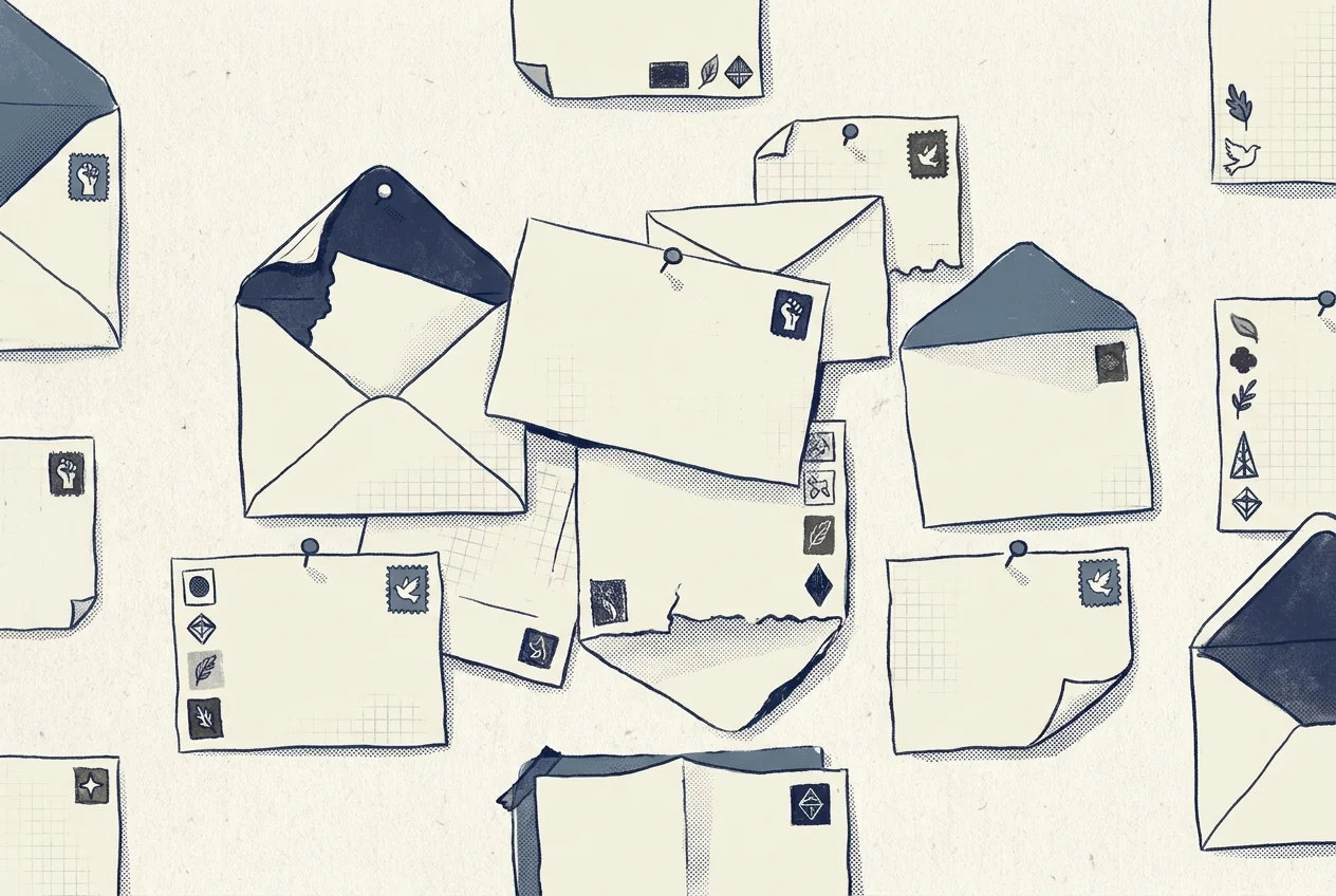 Illustration of open letters of different shapes pinned to a wall with small ink stamps in the margins.