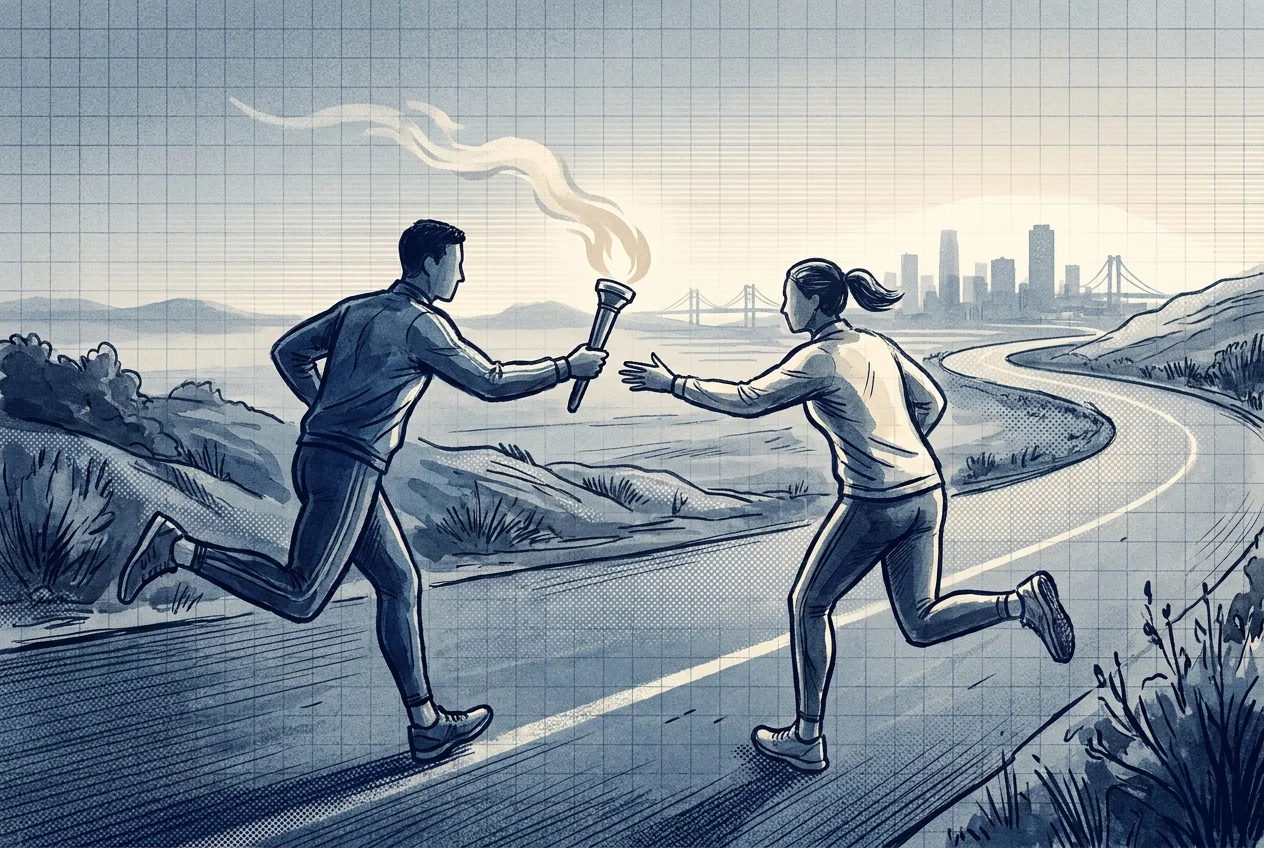 Illustration of a relay runner passing a torch to another runner on an open road at first light with a city in the far distance.