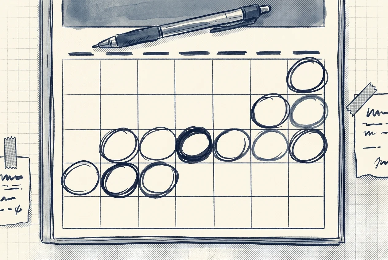Illustration of a wall calendar with days circled in ink, a pen on top, and small notes stuck to the sides.